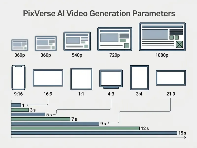 Infographic displaying PixVerse AI video resolutions, aspect ratios, and duration settings
