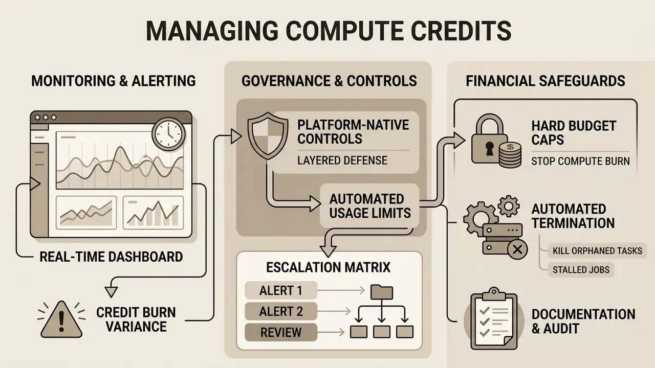 Three-stage process diagram showing real-time dashboard monitoring, governance controls, and financial safeguards