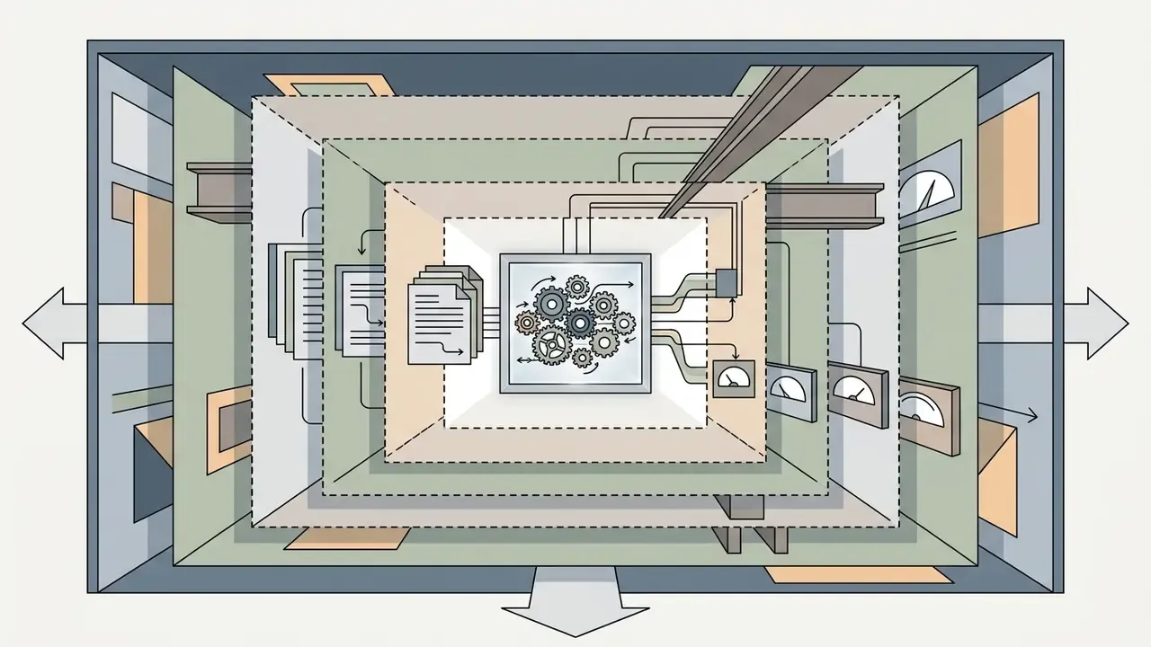 Nested rectangular frames with gears and gauges representing a camera pulling back to reveal more context