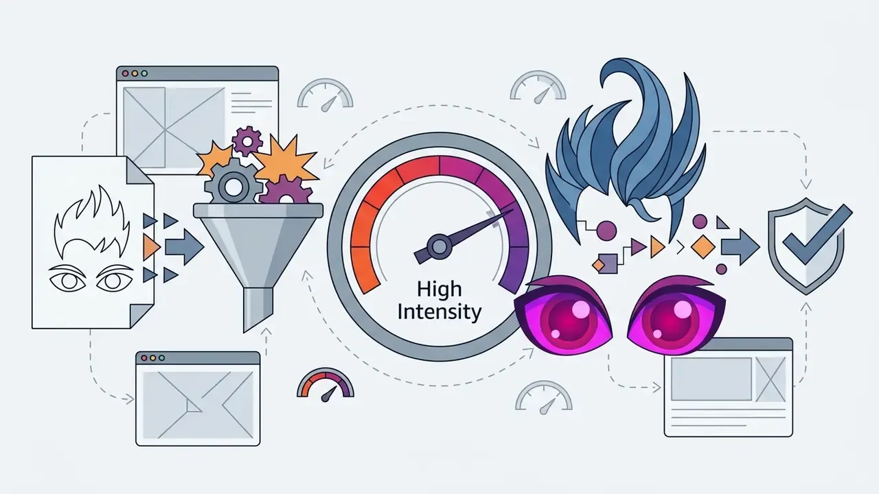 A high intensity gauge connected to stylized anime hair and eyes in an AI photo to anime converter process