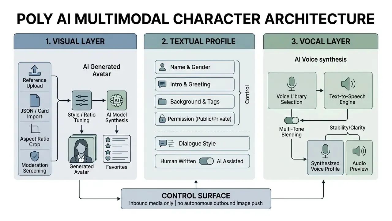 Diagram showing the visual, textual, and vocal layers of Poly AI multimodal character architecture