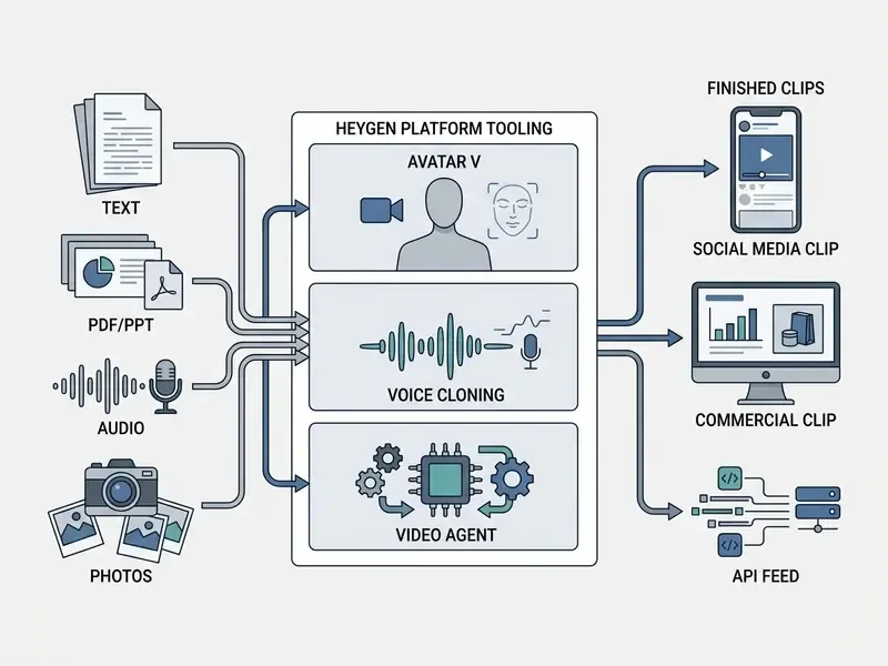 Flowchart depicting heygen ai video generator features converting various source files into video outputs