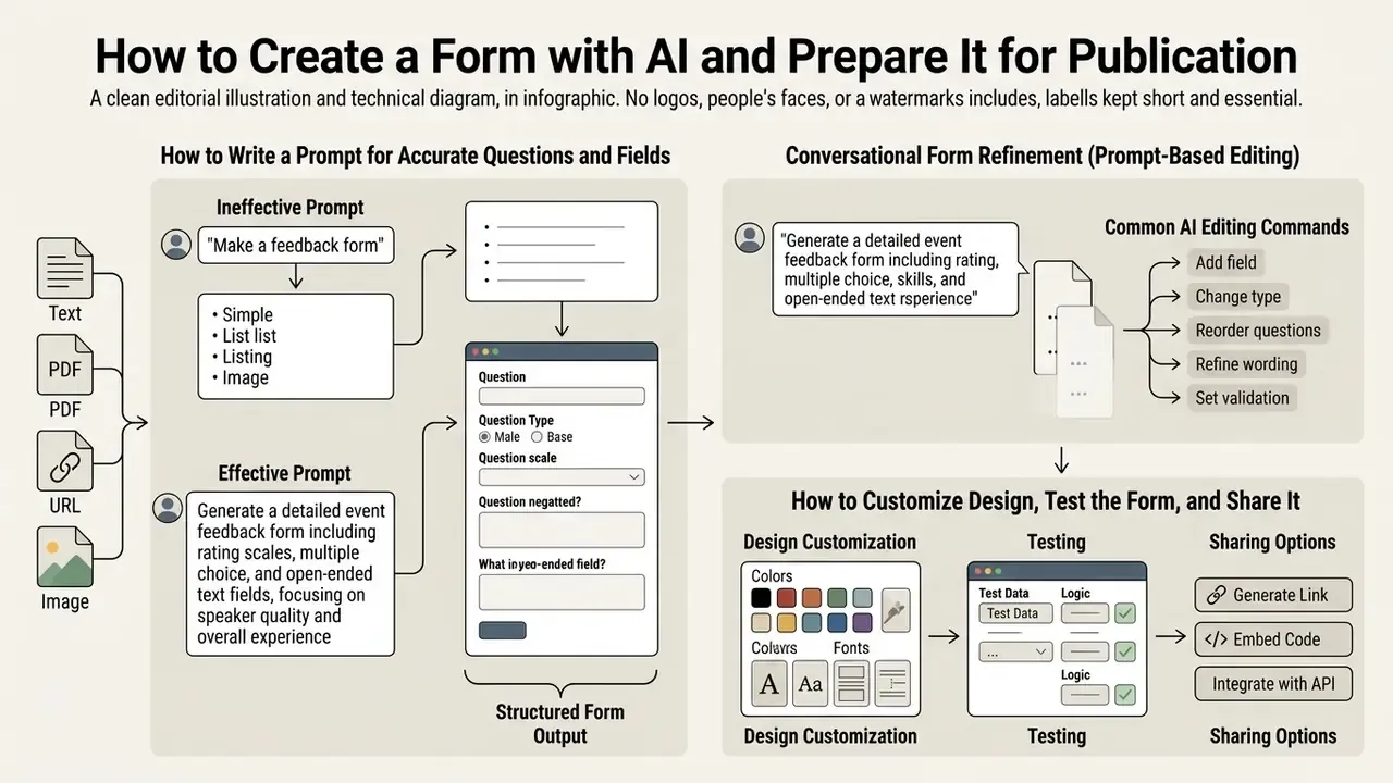 Infographic showing prompt engineering, conversational refinement, and design testing for digital forms