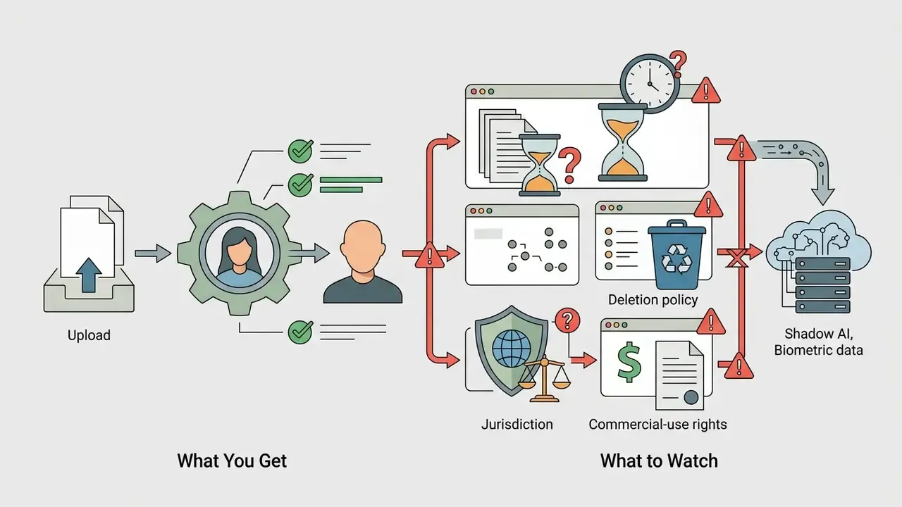 Workflow showing photo upload and processing leading to governance risks like data retention and jurisdiction