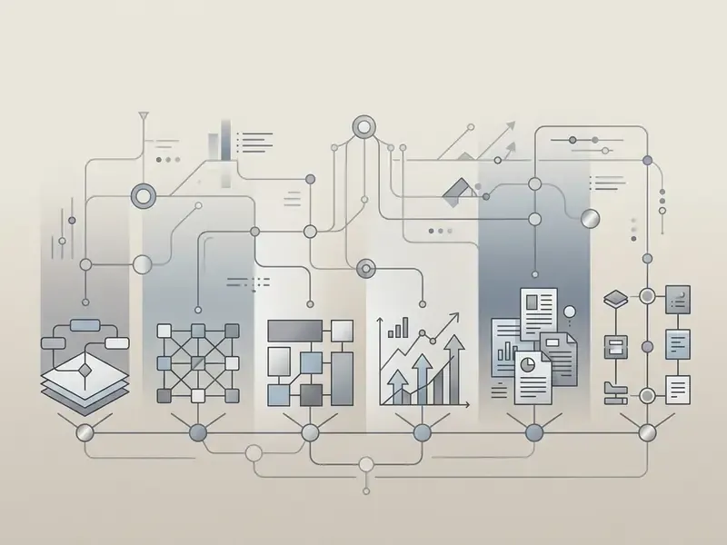 System of interconnected nodes and data icons representing complex digital workflows and analytics
