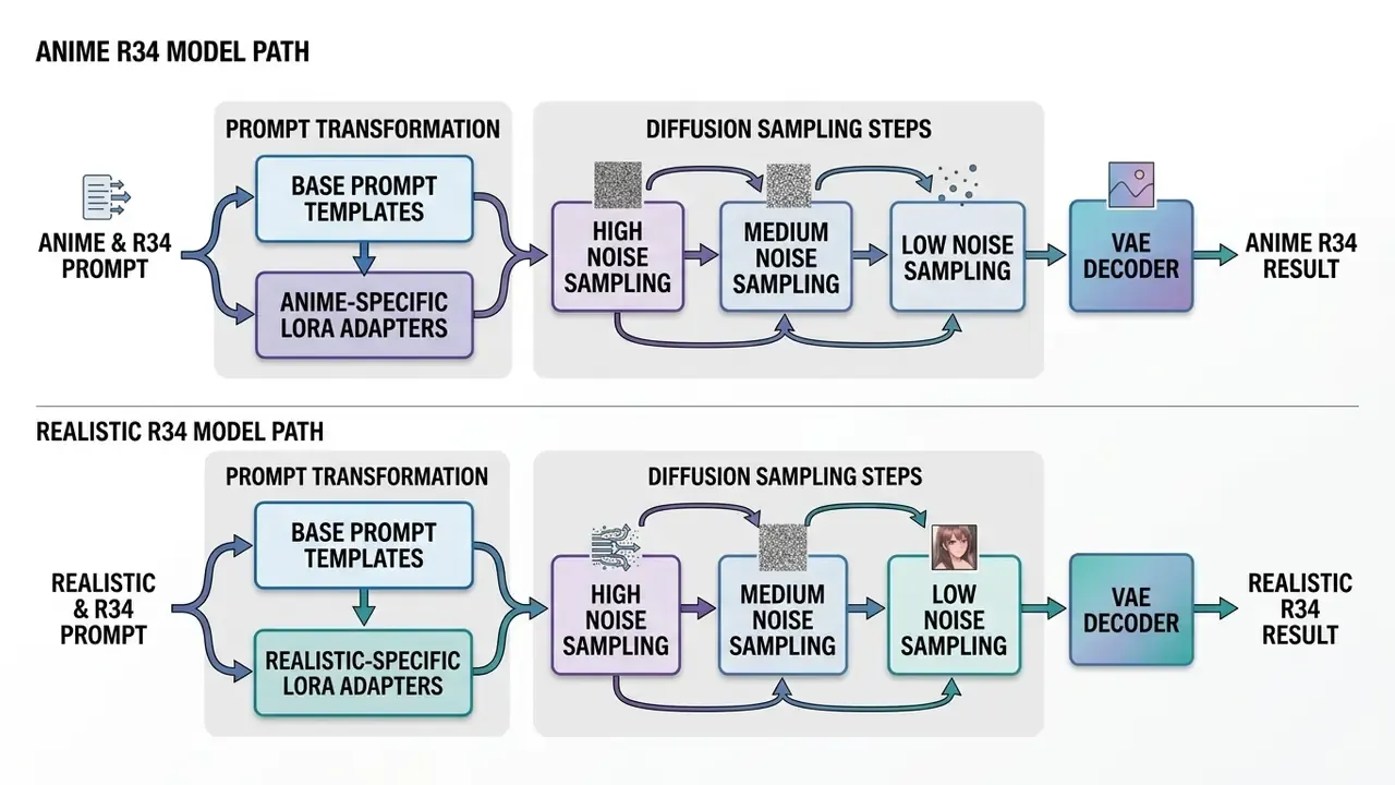 Diagram showing prompt transformation and diffusion sampling stages for anime and realistic model paths