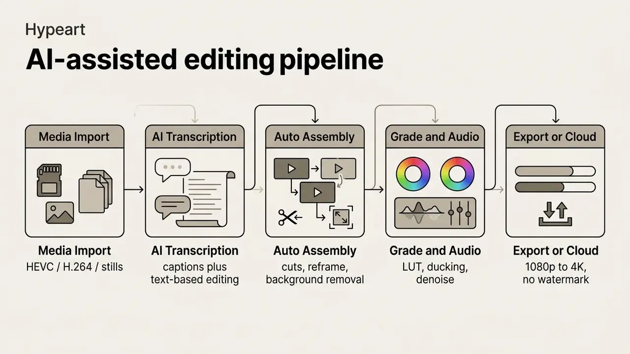 Flowchart showing five sequential stages of an AI-assisted video editing pipeline from import to export
