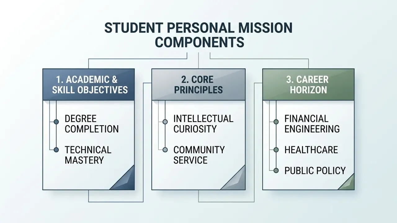 Three vertical panels listing academic objectives, core principles, and career horizons for students