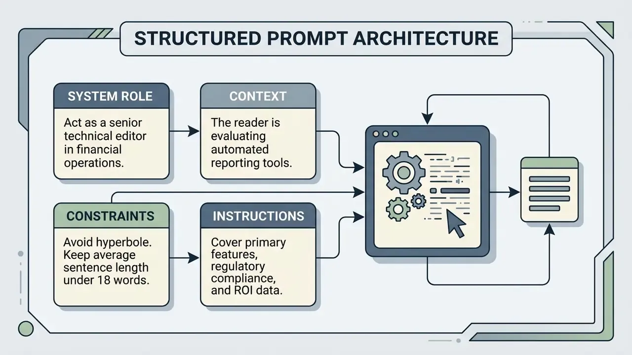 Diagram showing how system role, context, constraints, and instructions feed into a processing engine