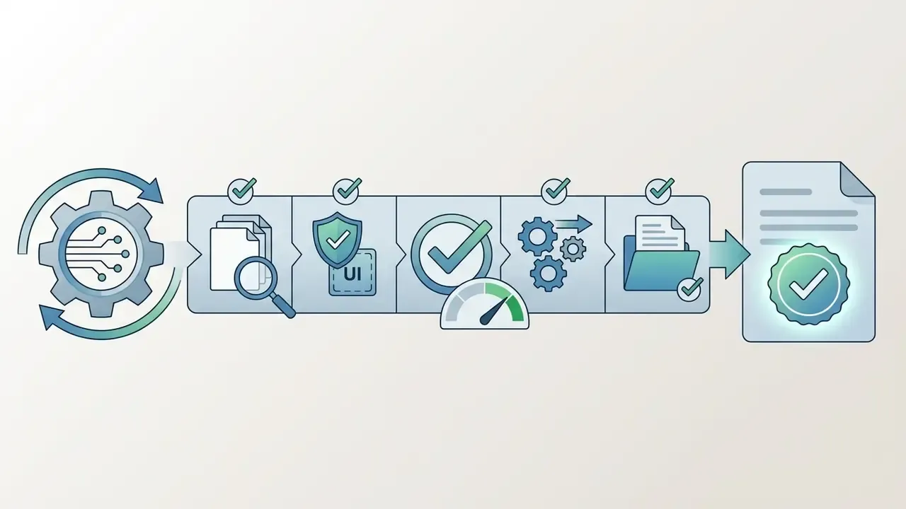 Sequential process showing gear input, document review, UI protection, validation, and final certification