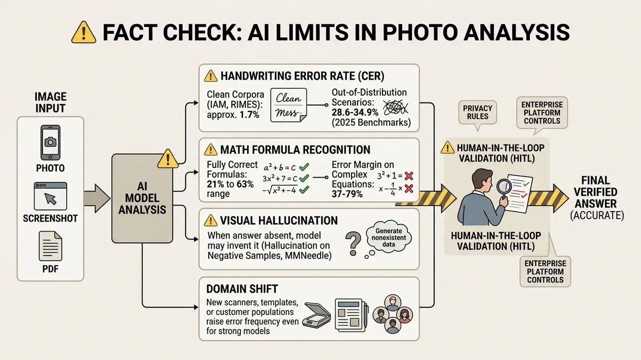 Flowchart detailing AI analysis limitations including handwriting errors, math recognition, and hallucinations