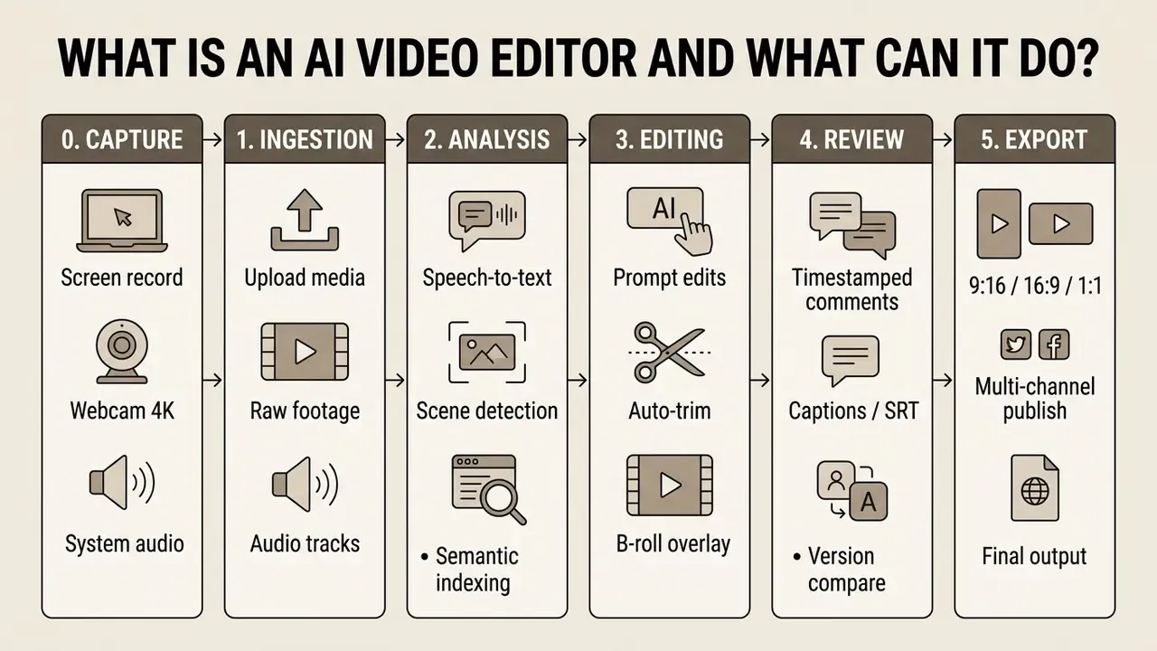 Flowchart outlining the six stages of an AI video editor workflow from capture to final export