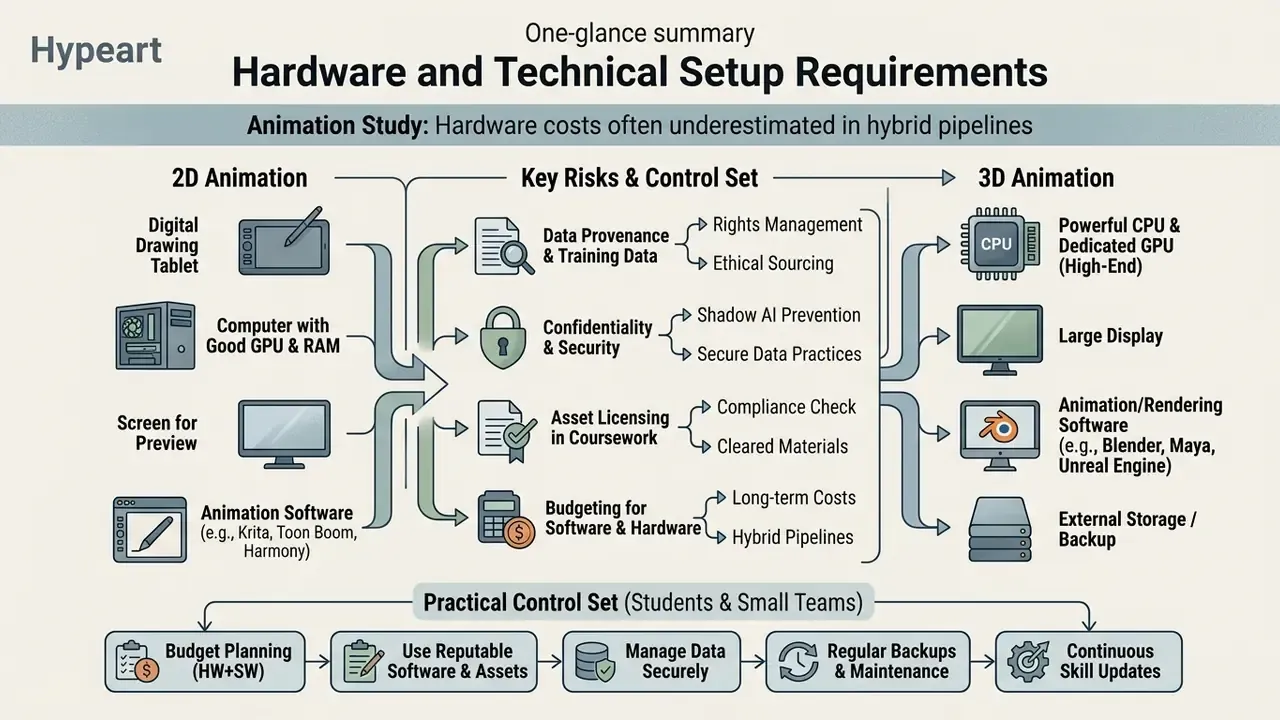 Infographic mapping 2D and 3D hardware needs against data security and budgeting risks for animation