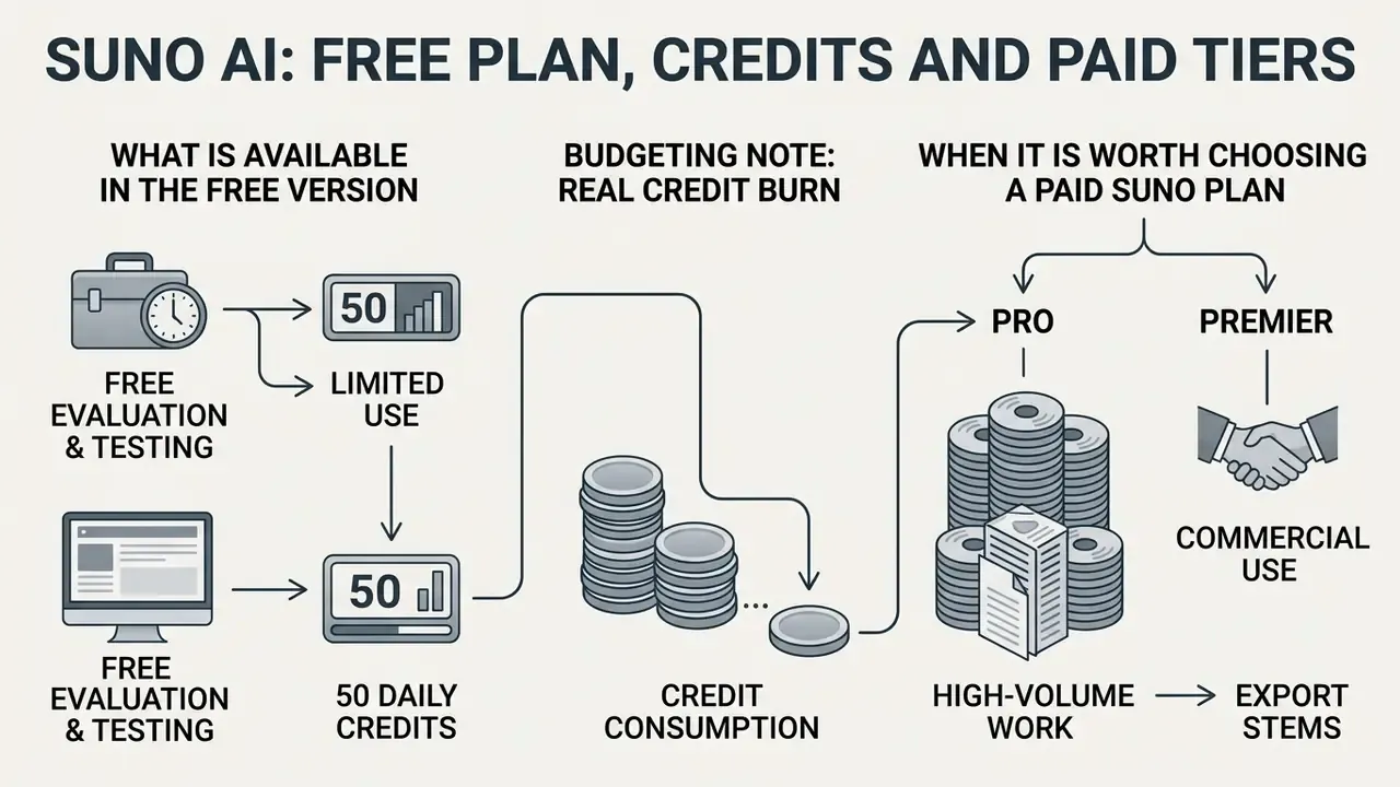 Comparison of free and paid subscription models showing credit usage and commercial production features