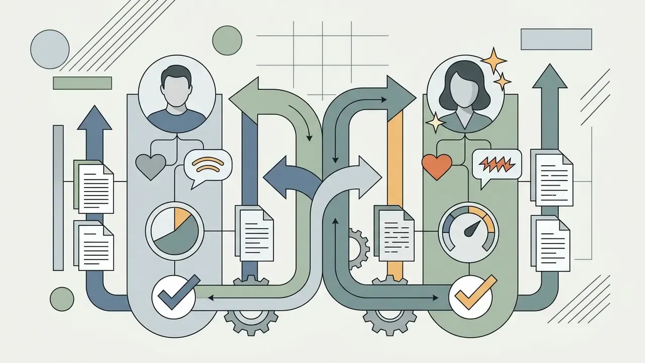 Two stylized character avatars connected by intersecting arrows representing data flow and interaction