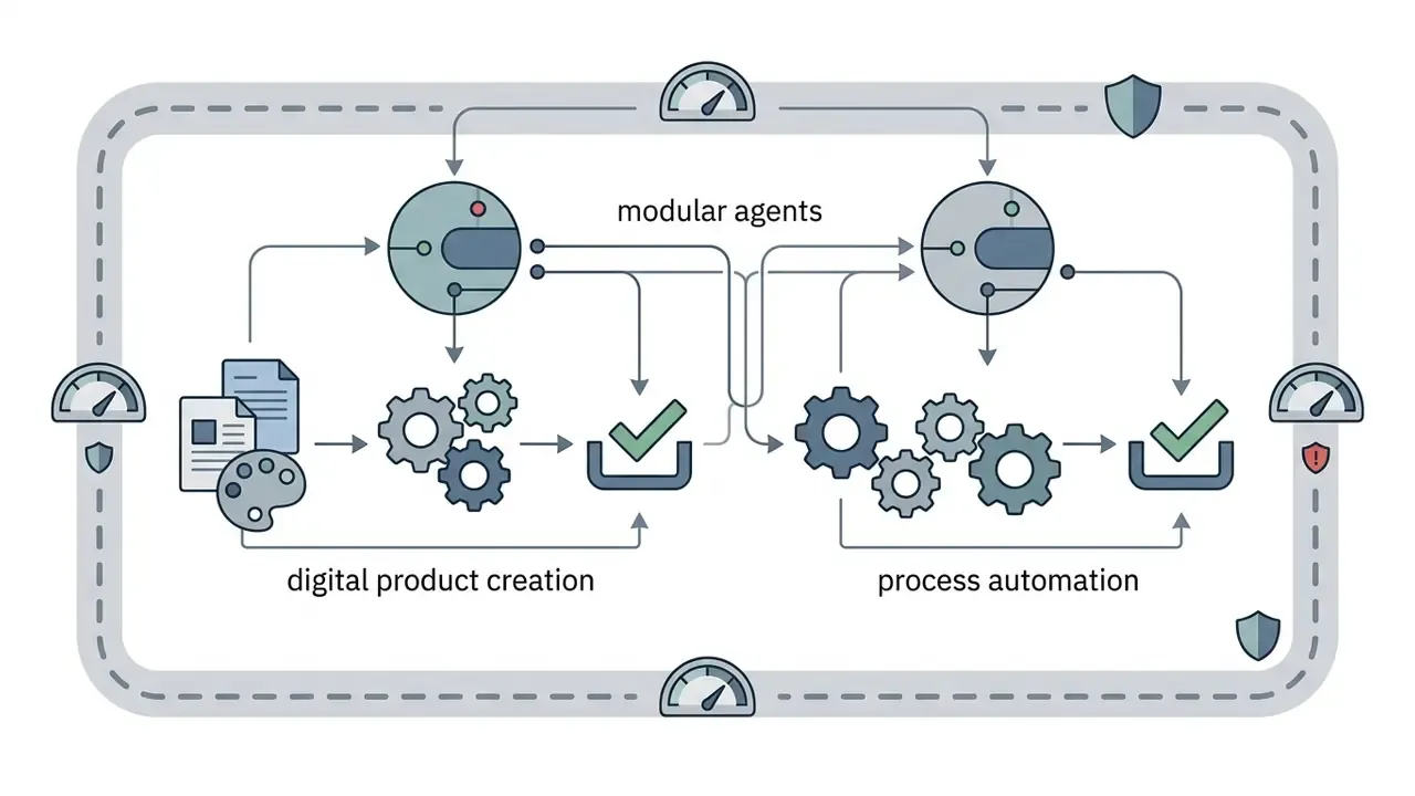 Modular agents processing digital product creation and process automation through guarded workflows
