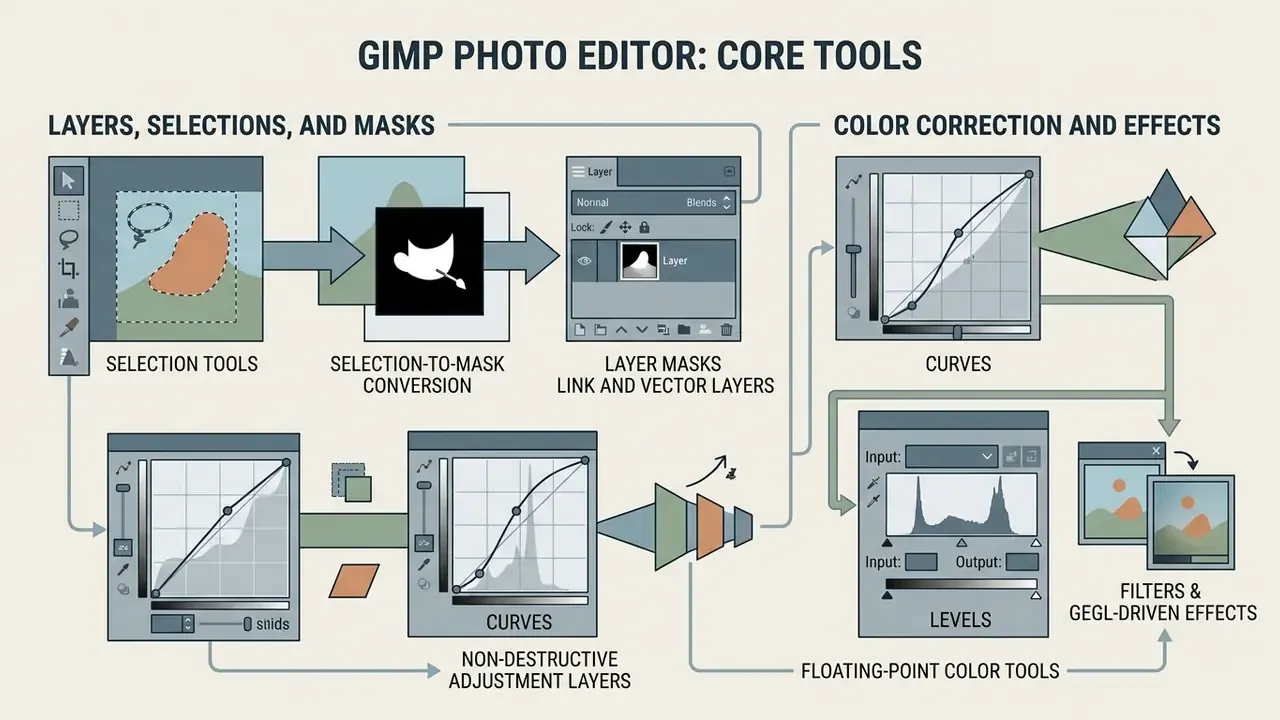 Diagram showing selection tools, layer masks, curves, levels, and GEGL-driven filters for image processing