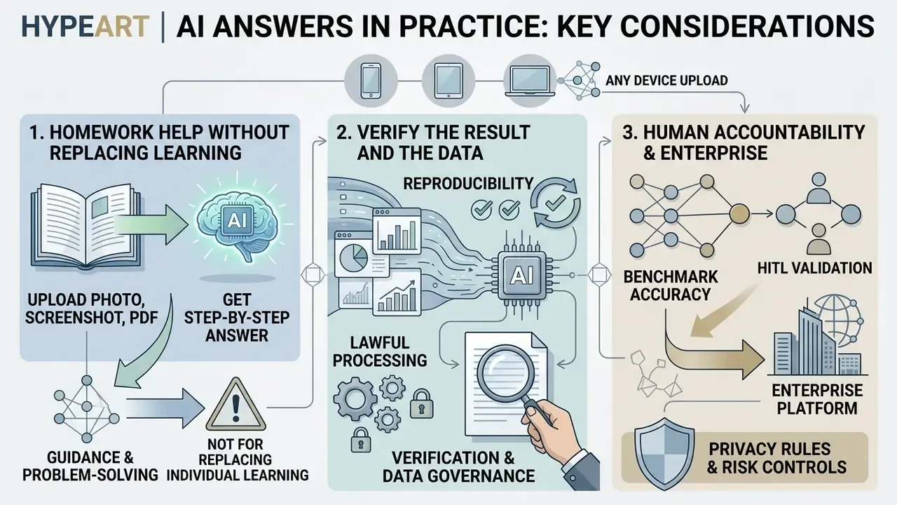 Three-step process for using AI answers covering study, data verification, and human accountability