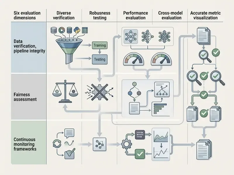 Flowchart connecting AI evaluation dimensions to testing processes and documentation requirements