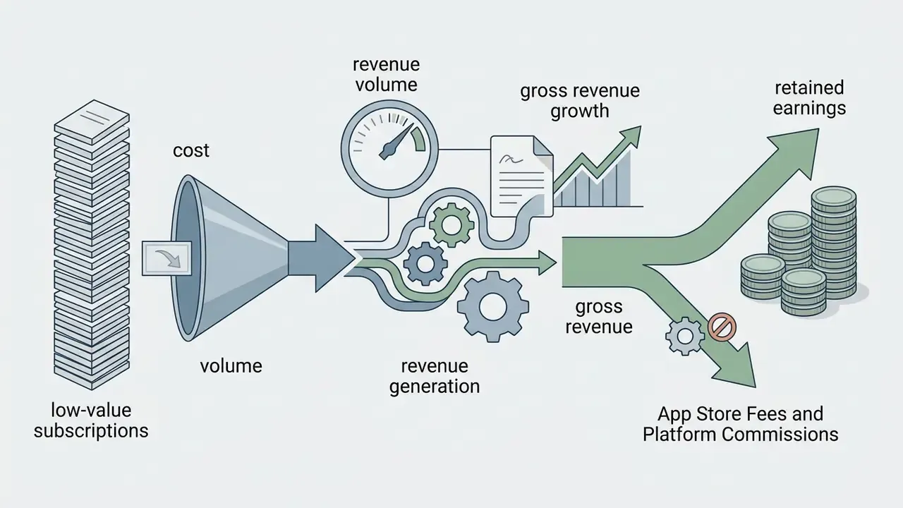 Funnel graphic showing low-value subscriptions converting into gross revenue, fees, and retained earnings