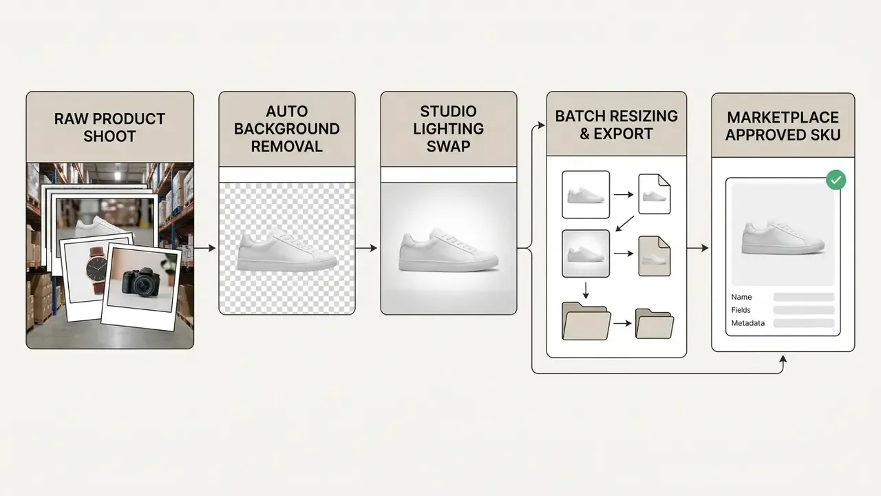 Stages of e-commerce production from raw product photography to background removal and final export
