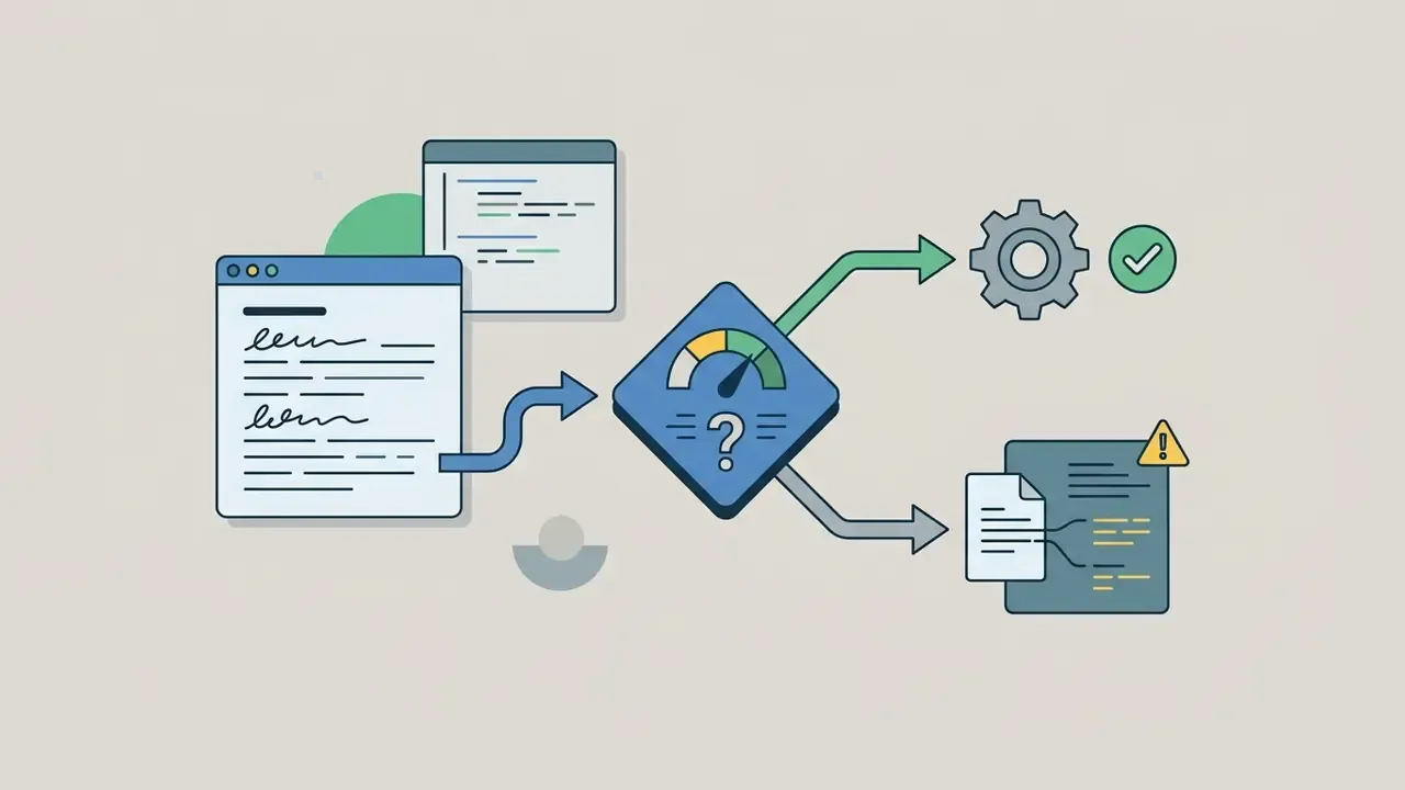 Documents feeding into a decision diamond that branches into a gear icon and a flagged document