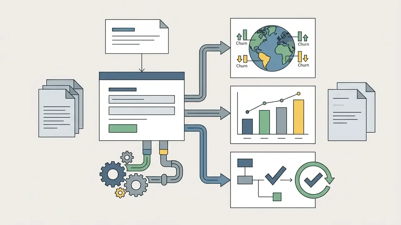 Input documents flowing through a gear-driven interface to generate regional maps, charts, and workflows