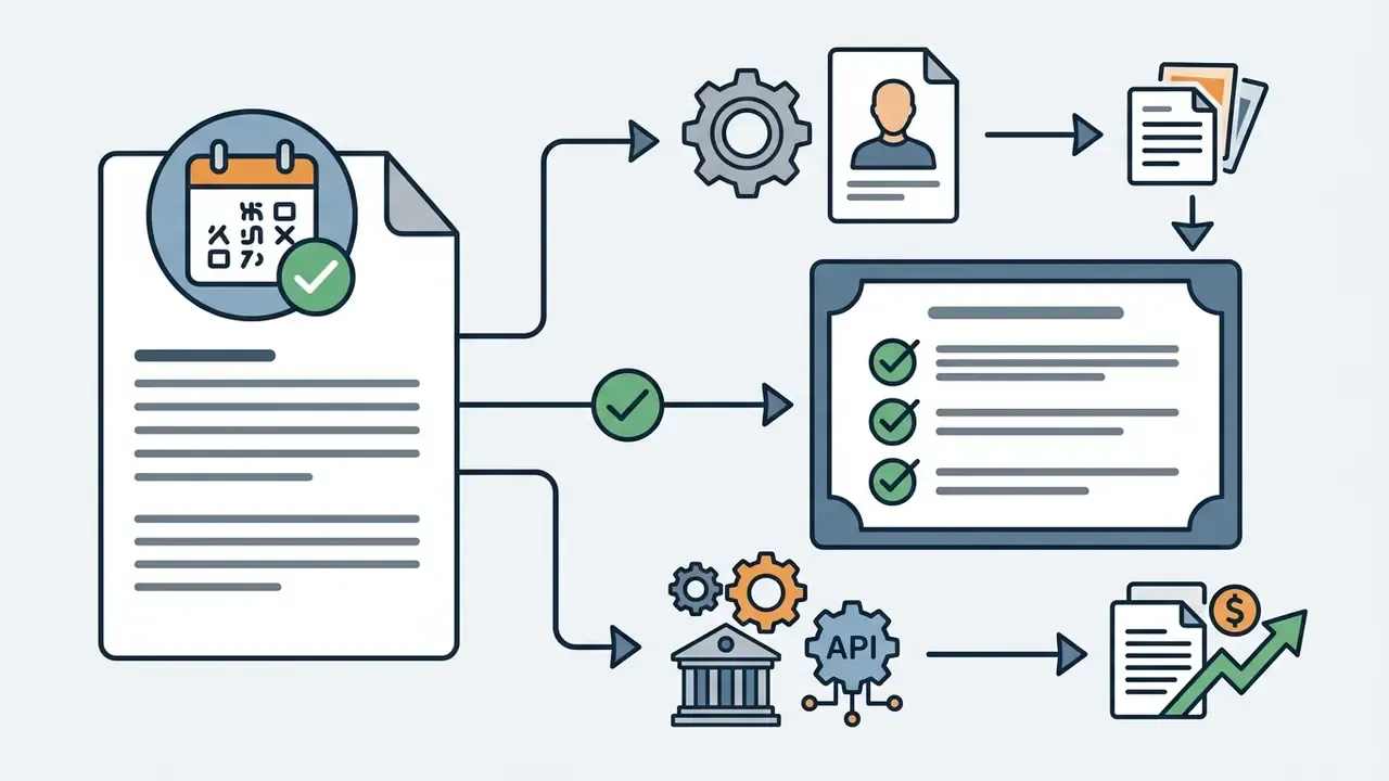 Legal document branching into character processing, compliance checklists, and commercial API growth