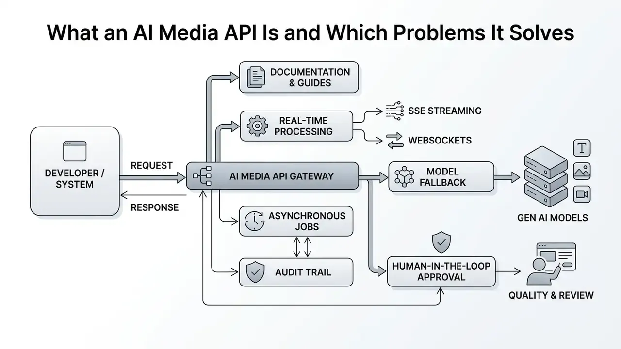Architectural diagram showing the request and response flow through an AI Media API gateway