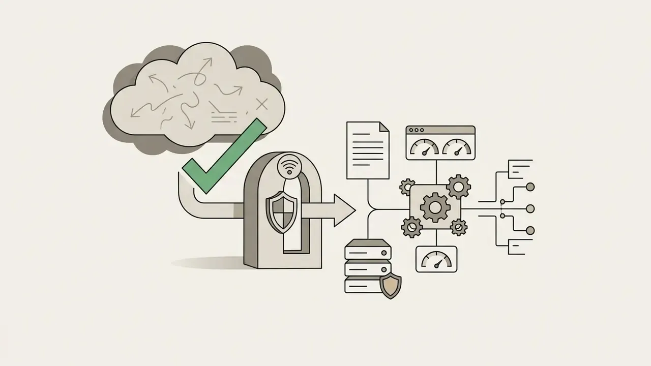 Cloud data passing through a shielded gateway into a gear mechanism connected to servers and gauges