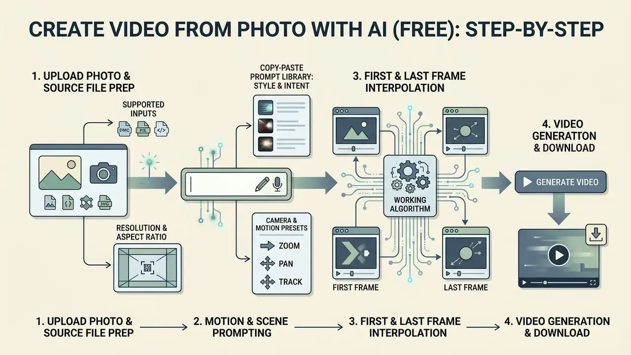 Step-by-step diagram illustrating the workflow to transform a static image into video using AI tools
