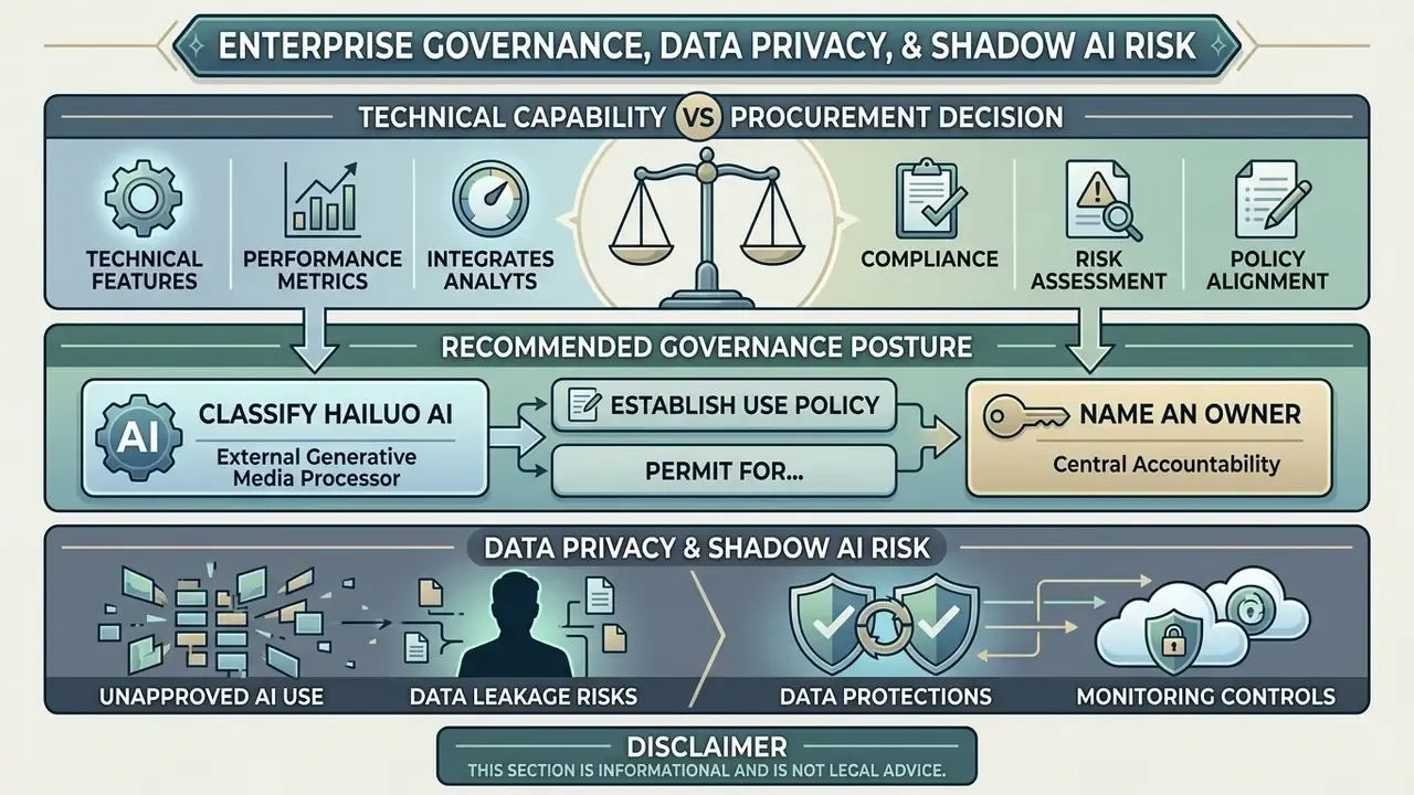 Flowchart balancing technical capabilities against governance requirements for using Hailuo AI