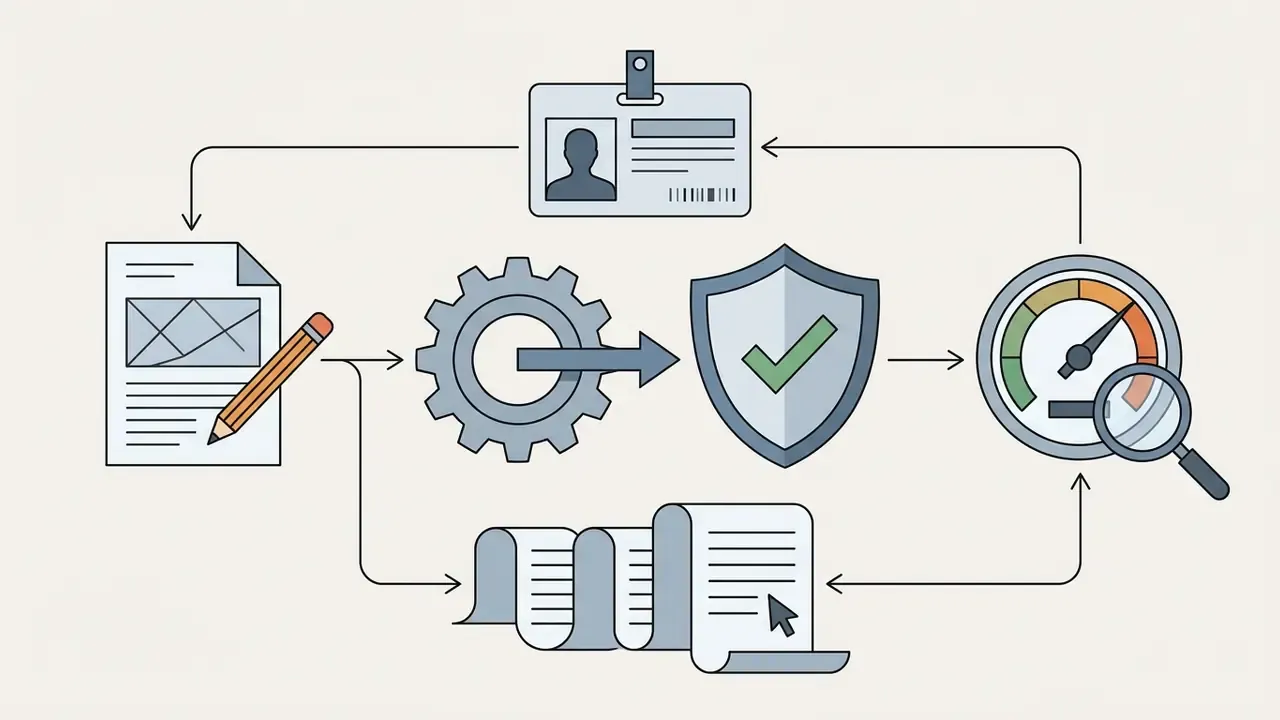 Cycle of icons representing ownership, documentation, gear processing, shield verification, and performance