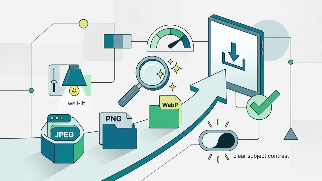 Icons representing file formats, lighting, and contrast requirements for uploading source images