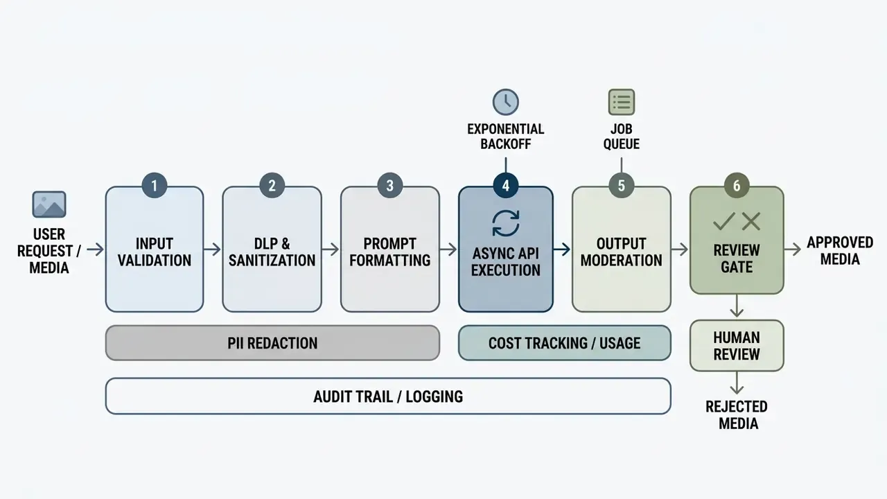 Linear process diagram showing six numbered stages from input validation to final media review gate