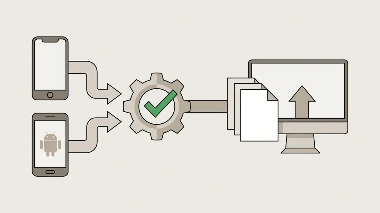 Mobile devices sending image files through a central processing gear into a computer upload interface