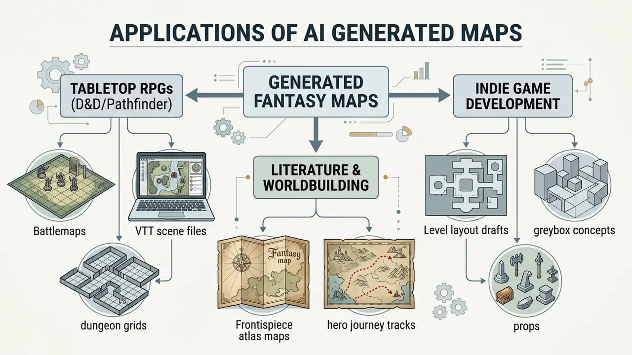 Diagram categorizing the utility of fantasy maps for tabletop gaming, literature, and game development