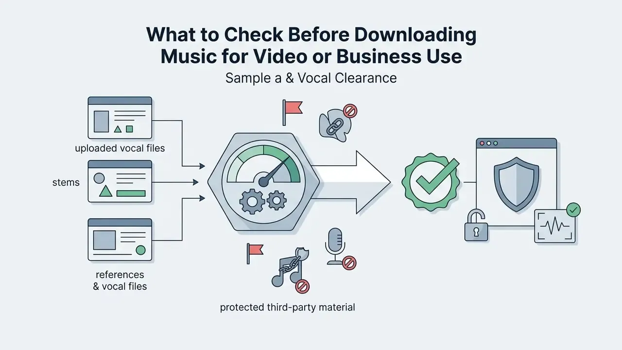 Diagram showing audio inputs being screened for protected third-party material before final clearance