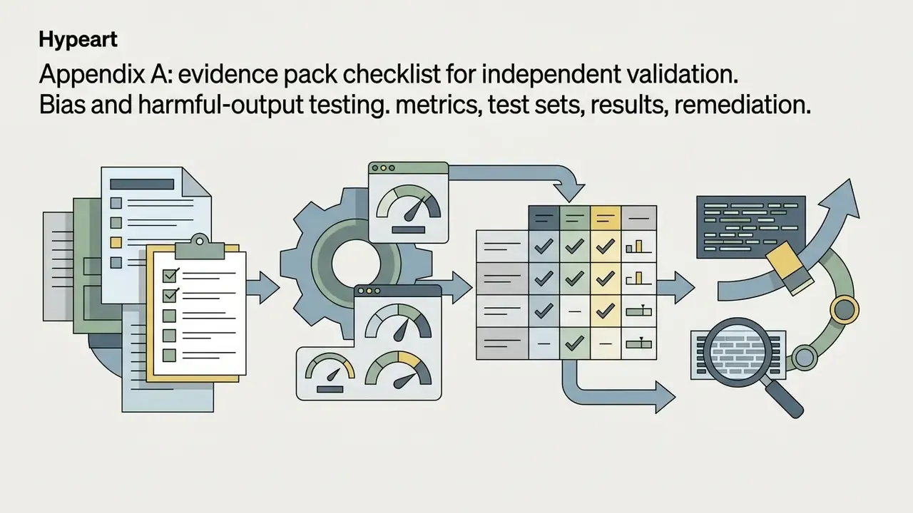 Checklist document feeding into gears, gauges, a results table, and a magnifying glass over code