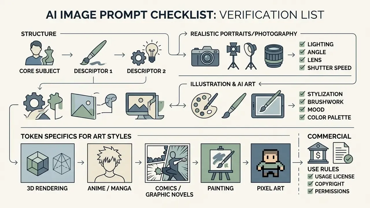 Checklist showing modular components for building an AI image prompt across photography and various art styles