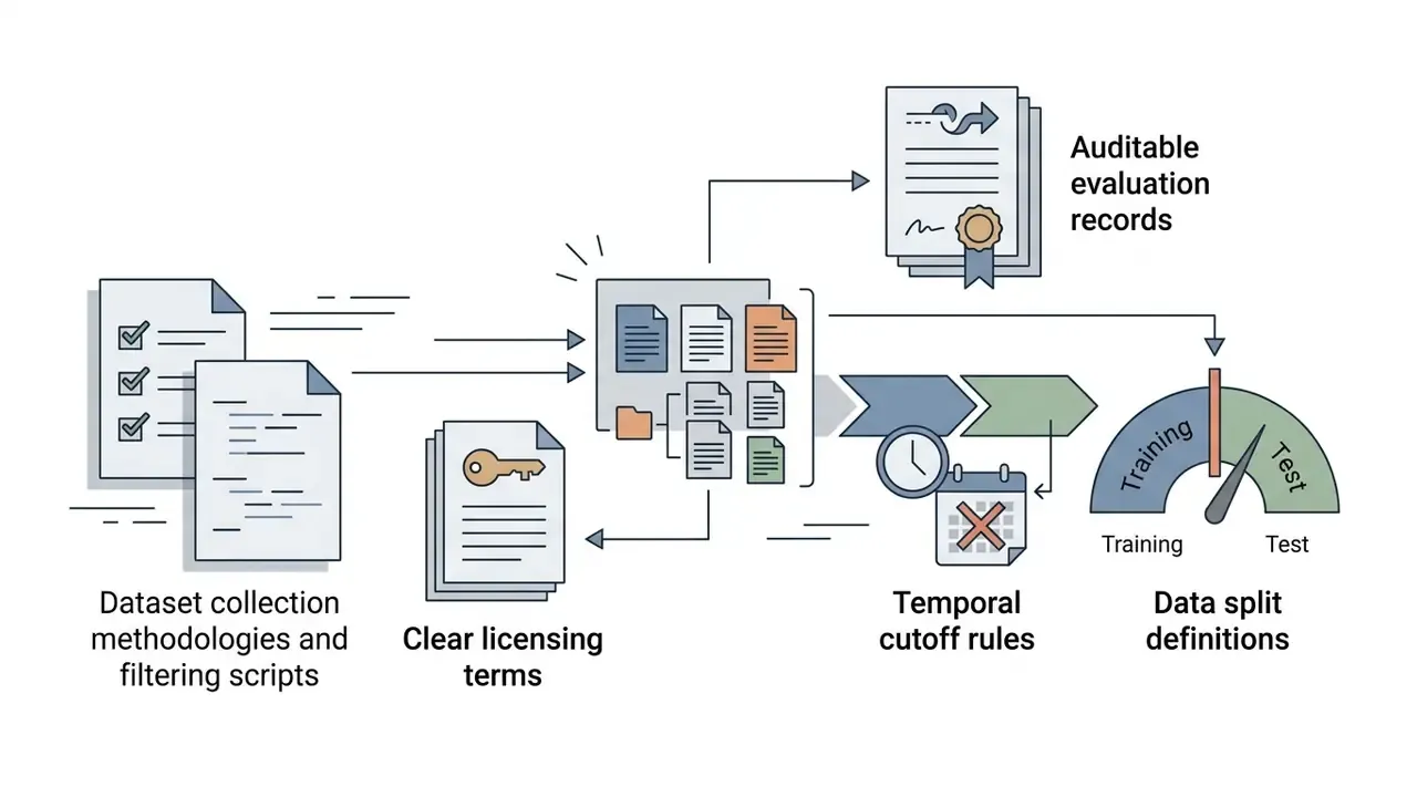 Documents and licensing terms feeding into a processing pipeline for AI media benchmarks and review proof