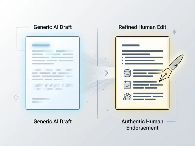 Comparison showing a generic AI draft document being transformed into a detailed human-edited endorsement