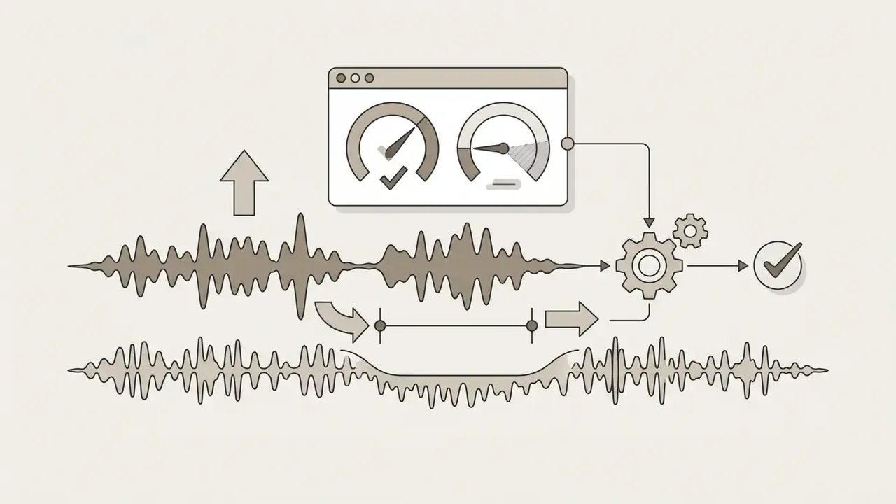 Audio waveforms being processed by a control panel to lower background music volume under a voice track