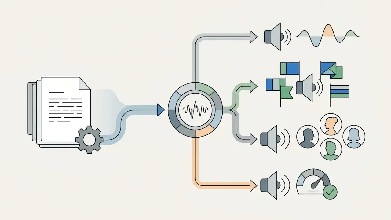 Document and gear icon feeding into a central processor that branches into four distinct audio outputs