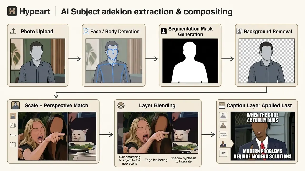 Step-by-step technical process for extracting a subject from a photo and compositing it into a meme