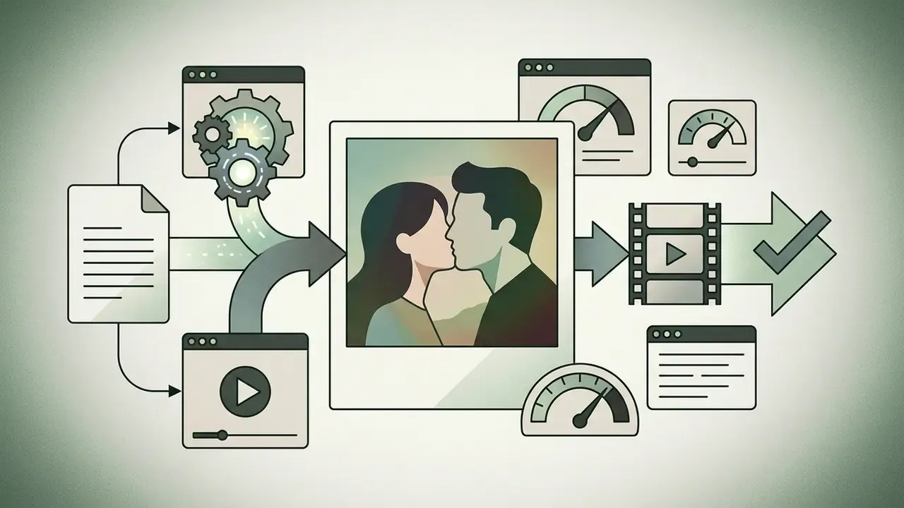 Polaroid frame of a couple kissing surrounded by processing icons like gears, gauges, and video clips