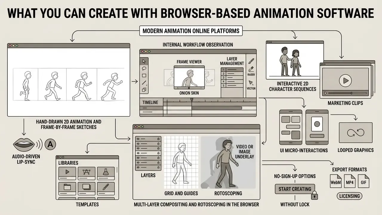 Diagram showing animation online workflows including frame-by-frame sketching, compositing, and export options