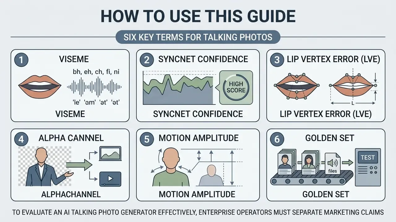 Infographic explaining six technical terms used to evaluate AI talking photo software and performance