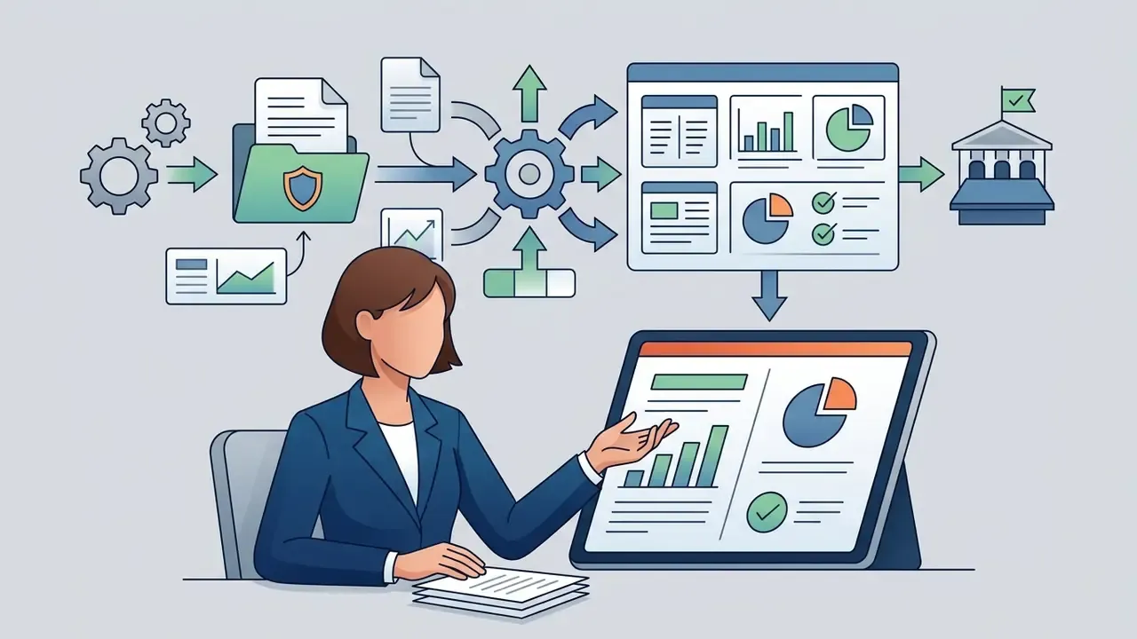 Professional presenting financial data processed from documents into charts for an executive committee
