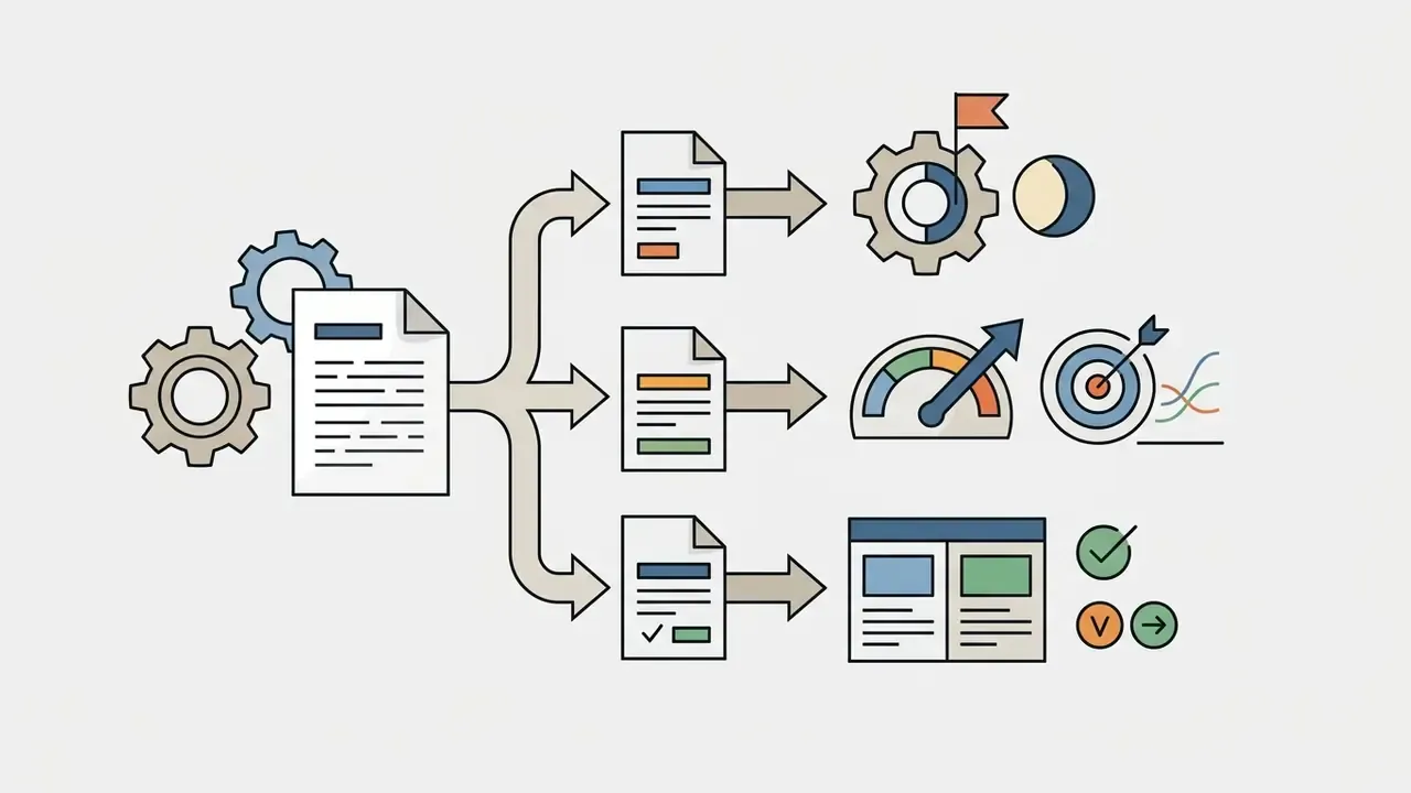 Document icon branching into three paths that lead to marketing campaign and performance analysis icons